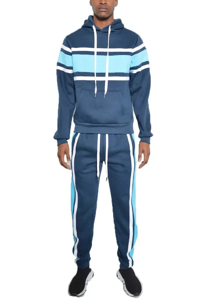 WEIV Men's Full Size Solid With Three Stripe Pullover Hoodie and Pants Set Plus Size - VILLA FASHION